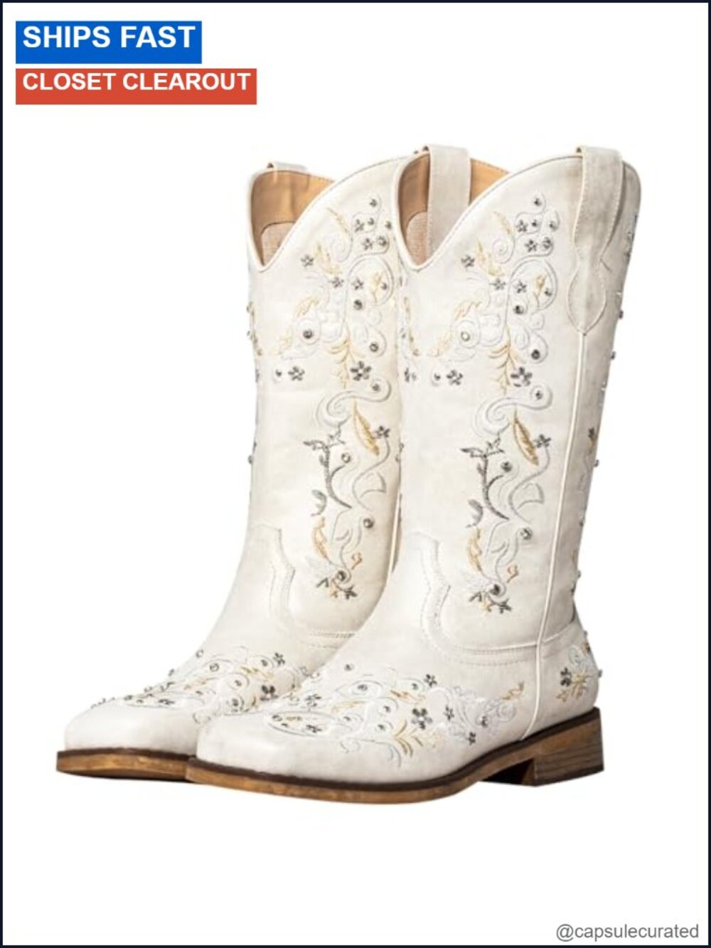 Wide Calf Cowgirl Boots with Rhinestones Square Toe Mid Calf Western Boots Women